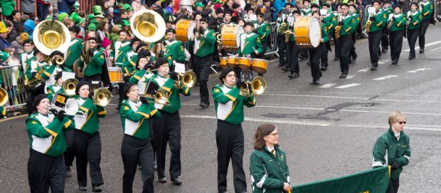 Marching band performing on St Patricks Day in Ireland 